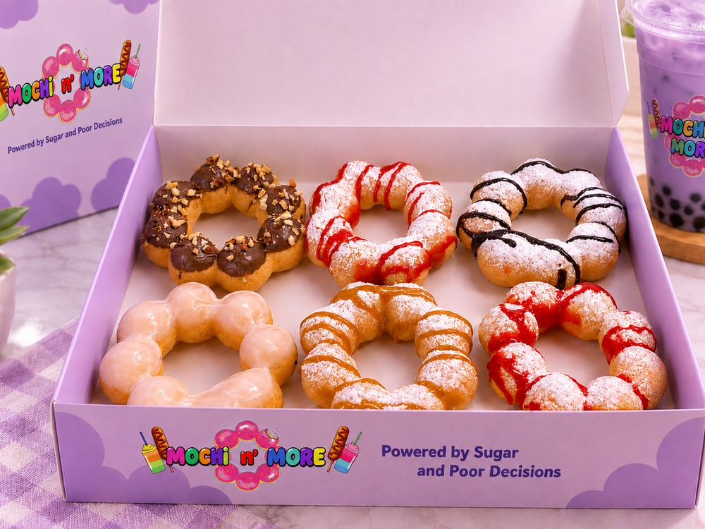 A half dozen box of mochi donuts in six flavors from Mochi n' More, Loma Linda